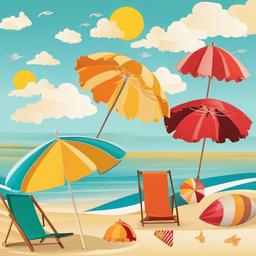 August clipart - sunny August beach day with umbrellas  