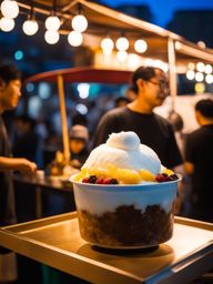 bingsu, a korean shaved ice dessert, savored at a bustling night market in seoul. 