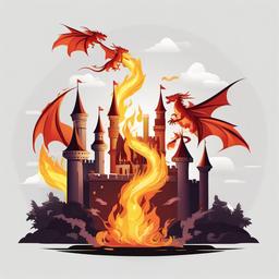 Castle with fire-breathing dragons flying overhead clipart.  vector style illustration, white background