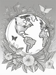 Earth Coloring Pages - Earth with birds and butterflies flying around  simple coloring pages