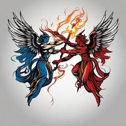 Angel and Devil Fighting Tattoo-Expressing the cosmic battle between good and evil with an angel and devil fighting tattoo, symbolizing the eternal dance of opposing forces.  simple vector color tattoo