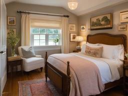 In the guest bedroom, vintage interior design offers a cozy atmosphere with charming furnishings, soft textiles, and vintage decor that ensure a comfortable stay for visitors.  