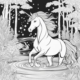 unicorn coloring pages - whimsical unicorn playfully splashing in a crystal-clear stream, its laughter echoing through the forest. 