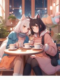 Adorable catgirl and playful catgirl friend, in a cozy cat cafe, cuddling with friendly felines and sipping tea, as a matching pfp for friends. wide shot, cool anime color style