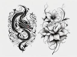 Dragon Flower Tattoo - Tattoos combining dragon imagery with various flower designs.  simple color tattoo,minimalist,white background