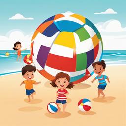 Beach ball with kids playing clipart.  vector style illustration, white background