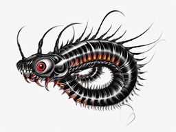 Centipede with fiery eyes design: Intense gaze capturing the essence of the creature.  black white tattoo, white background