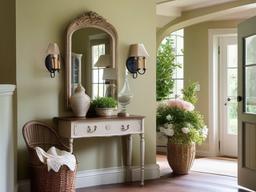 French Country entryway highlights vintage furniture, soft colors, and charming accents that create a quaint and inviting atmosphere at the entrance.  