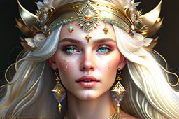 elven princess with flowing golden hair, adorned in intricate silver jewelry and a jeweled tiara. 
