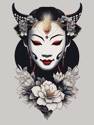 geisha japanese hannya mask tattoo  simple color tattoo,white background,minimal