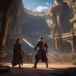 human fighter,thalia brightblade,dueling a master swordsman,a grand tournament arena detailed matte painting, deep color, fantastical, intricate detail, splash screen, complementary colors, fantasy concept art, 8k resolution trending on artstation unreal engine 5
