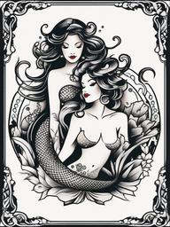 Traditional Mermaid Tattoo Flash - Explore traditional tattoo flash featuring classic and timeless mermaid designs.  simple vector color tattoo,minimal,white background