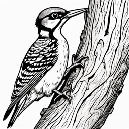 Woodpecker Tattoo - Woodpecker pecking rhythmically on a tree trunk  few color tattoo design, simple line art, design clean white background