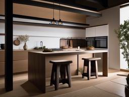 Japanese kitchen showcases clean lines, natural materials, and minimalistic decor, promoting a harmonious and practical cooking environment.  