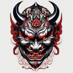 Hannya Oni Mask Tattoo-Bold and powerful tattoo featuring a Hannya combined with an Oni mask, capturing themes of demons and supernatural elements.  simple color tattoo,white background