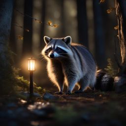 raccoon kit scavenging for snacks in a moonlit forest 8k ultrarealistic cinematic 