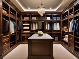 In the walk-in closet, American Colonial interior design includes elegant cabinetry, classic mirrors, and a cozy atmosphere that creates a stylish and organized dressing area.  