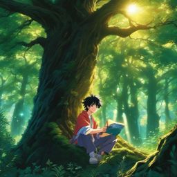 In a mystical forest, an anime boy with the ability to commune with nature discovers an ancient tree harboring the secrets of the universe.  1990s anime style