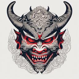 Demon Mask Japanese Tattoo - Features a demon mask in the traditional Japanese tattoo style.  simple color tattoo,white background,minimal