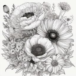 Black and white Poppy, Daisy, chrysanthemum bouquet ,tattoo design, white background