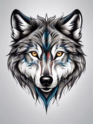 Wolf Face Tattoo,striking tattoo focused on the enigmatic face of a wolf, gaze that pierces the soul. , color tattoo design, white clean background