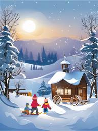 Winter clipart - winter scene with children playing in the snow  