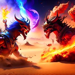 djinn vs ifrit - elemental entities duel in a scorching desert, conjuring flames and sandstorms. 