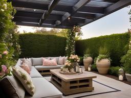 Traditional English garden featuring Restoration Hardware stone benches, Anthropologie floral cushions, and Hunter Douglas pergola canopy.  