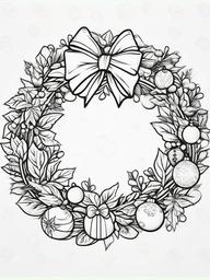 Christmas Wreath Coloring Pages - Green Decoration with Bows and Ornaments  minimal black outline printable sheet, coloring page