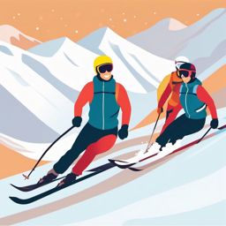 Snow Skiing Slope Clipart - Skiers descending a snowy slope.  color vector clipart, minimal style