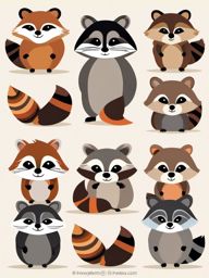 Raccoon Family Clip Art - A family of raccoons exploring,  color vector clipart, minimal style