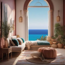 Mediterranean Coastal Escape - Capture the warmth and charm of the Mediterranean coast. , bedroom interior decor design ideas, multicoloured, photo realistic, hyper detail, high resolution,