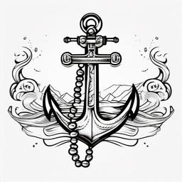 anchor wave tattoo  simple vector with rosary up from anchor  ,tattoo design, white background