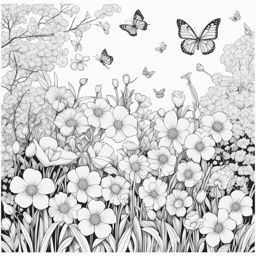 spring coloring pages - spring flowers bloom in a peaceful garden filled with butterflies. 