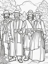 Pilgrim Coloring Pages - Early Settlers in Traditional Attire  minimal black outline printable sheet, coloring page