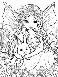 Fairy and Bunny Coloring Pages - Fairy Cuddling a Fluffy Bunny Friend  minimal black outline printable sheet, coloring page