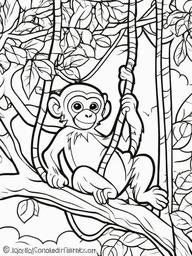 Monkey Coloring Page - Swinging on Trees  black outline printable coloring page