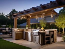 Transitional outdoor kitchen blends modern and traditional elements with neutral colors and practical layouts, making the most of available outdoor space.  