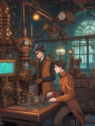 Steampunk inventor and inventive inventor friend, surrounded by retro-futuristic machinery in a laboratory, creating fantastical contraptions, as a matching pfp for friends. wide shot, cool anime color style