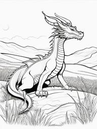 Dragon in a Field Coloring Pages - Gentle Dragon in a Serene Meadow  minimal black outline printable sheet, coloring page