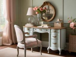 French Country home office highlights vintage furniture, soft pastels, and floral patterns, creating a charming and inviting atmosphere for productivity.  