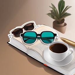 Book with Glasses and Coffee Sticker - Open book with stylish reading glasses and a coffee cup, ,vector color sticker art,minimal