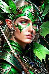 elven archer with emerald eyes, dressed in leaf-patterned armor and wielding a silver bow. 