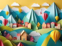  bustling town with floating balloons bright cheery colors in a valley with mountains and rivers, Origami paper folds papercraft, made of paper, stationery, 8K resolution 64 megapixels, small details 