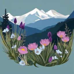 Alpine Pasqueflower Clip Art - Pasqueflowers in an alpine environment,  color vector clipart, minimal style