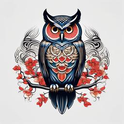 Owl Japanese Tattoo - Embrace Japanese artistry with a tattoo featuring an owl in a Japanese style.  simple color tattoo,vector style,white background