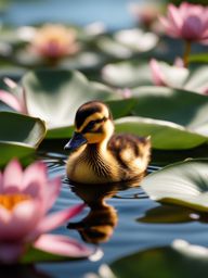 duckling swimming in a serene pond surrounded by water lilies 8k ultrarealistic cinematic 