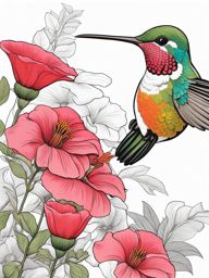 flower coloring pages - a hummingbird sips nectar from a vibrant flower in the garden. 