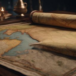 Vintage map unfurls to reveal uncharted territories and hidden treasures.  8k, hyper realistic, cinematic