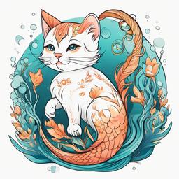 Cat Mermaid Tattoo - Explore whimsical creativity with a unique tattoo featuring a cat-mermaid fusion.  simple vector color tattoo,minimal,white background